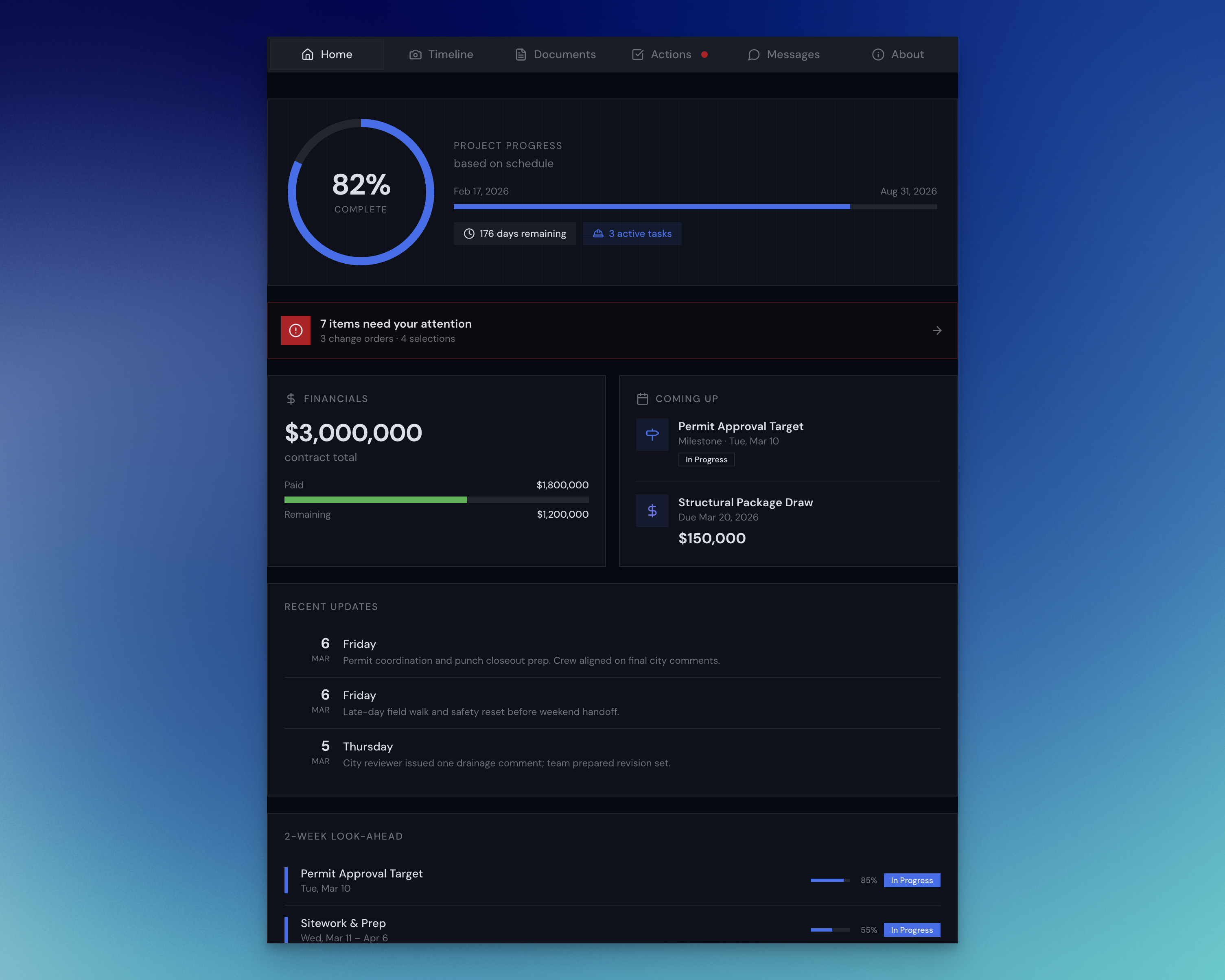 Arc client and subcontractor portals showing project updates, approvals, and communication