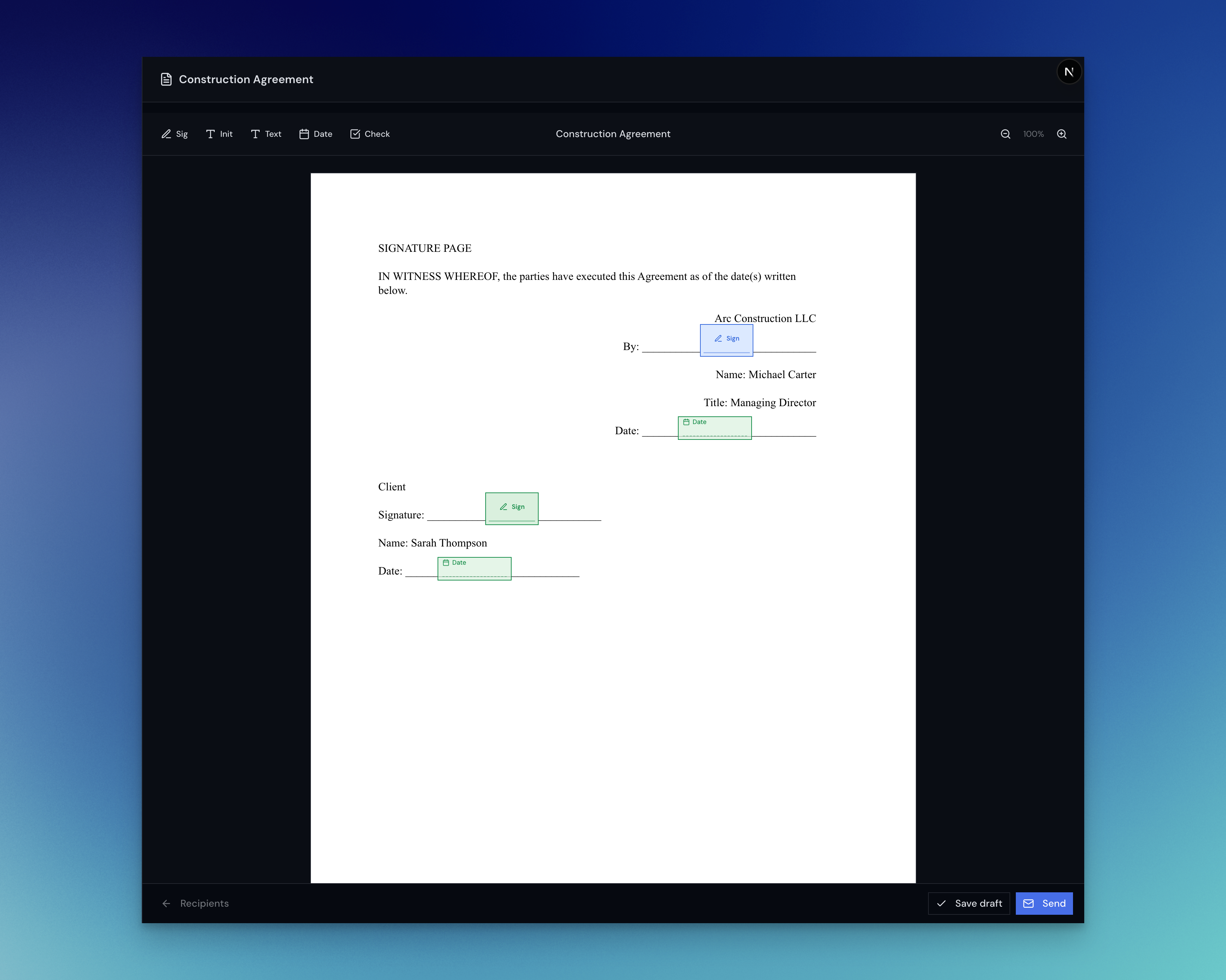 Arc e-signing workflow showing signature block placement directly inside a PDF